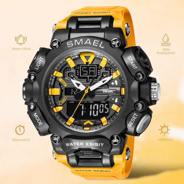 SMAEL Dual Time LED Digital watch för män 50 m vattentät kronograf kvartsklockor Orange Militär Sport Elektroniskt armbandsur Orange-Box