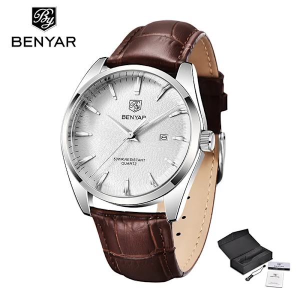 BENYAR Mode Herrklockor Toppmärke Lyx Militär Watch Läder Vattentät Sportklocka Watch reloj hombre 2023 White