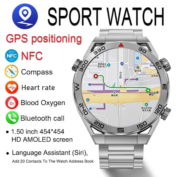 För Huawei NFC Smart Watch Herr GPS Track 454*454 HD AMOLED Skärm Kompass Puls BT Call IP68 Vattentät SmartWatch Ny Black Mesh Belt
