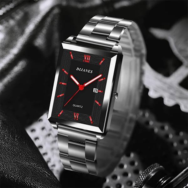 Mode Herr Business Klockor för män Rektangel i rostfritt stål Watch Man Casual Watch relogio masculino Leather Black Red