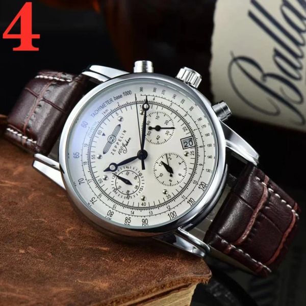 2023 New Zeppelin Watch Fashion Three Eyes Running Second Multifunktionell Chronograph Top Leather Business Quartz Watch Type 4