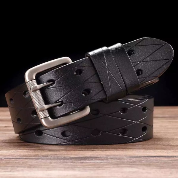 Läder, dubbelstift för män, klassiskt nålsspänne, universal , ihåligt midjeband NYTT Bredd: 3,8 cm black 120cm