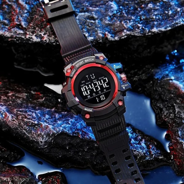 YIKAZE LED Digital watch för män Herr Sportklockor Fitness Elektronisk watch Multifunktion Militär sportklockor Klocka Barn Presenter B-Red