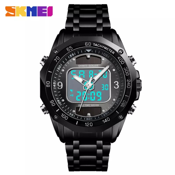 Solar Herr Militär Sportklockor Digital Quartz Klocka för män Vattentät armbandsur i hel stål watch hombre 2019 SKMEI Black Black