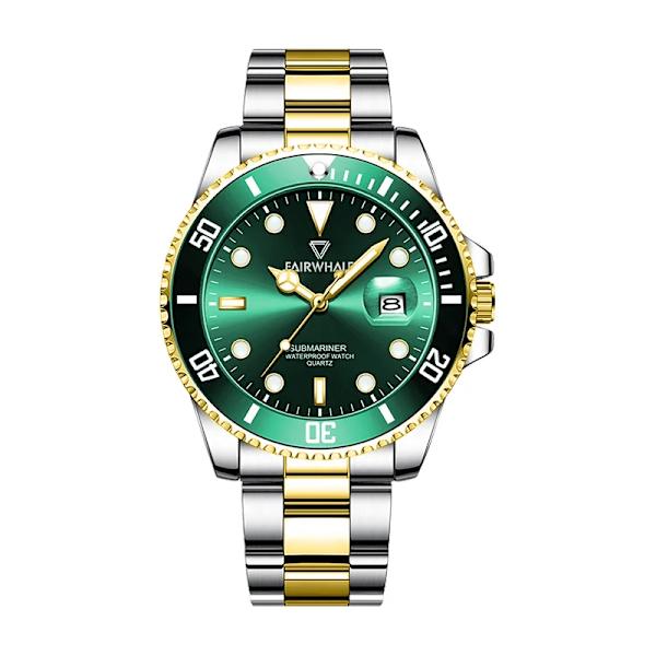 Mark Fairwhale Premiummärke Vattentät lysande datumvisning Watch Mode Quartz Armbandsur Lyxiga herrklockor Golden green