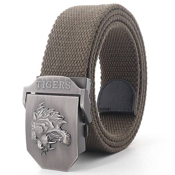 Ny canvas utomhus taktiskt armébälte 3D tigerhuvud Emblem metallspänne unisex jeansbälte för män Militärbälte Man sportrem Golden Army Green 110cm