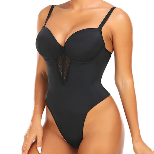 Fajas Colombianas Thong Underkläder Spets Shapewear Body Slim Body Shaper Dam V-krage Korsett Öppen gren Underkläder Rygglös Black M