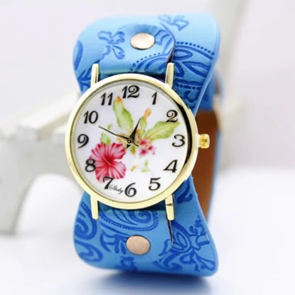 shsby Nyankomst Printed läderarmband Armbandsur Klänning med brett band Watch med blommor Mode Kvinnor Casual watch sky blue