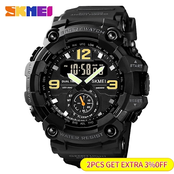 SKMEI 1637 Dual Movement 3 Time Sport Armbandsur Herr Vattentäta Elektroniska Klockor montre homme Stötsäker Digital Watch Black