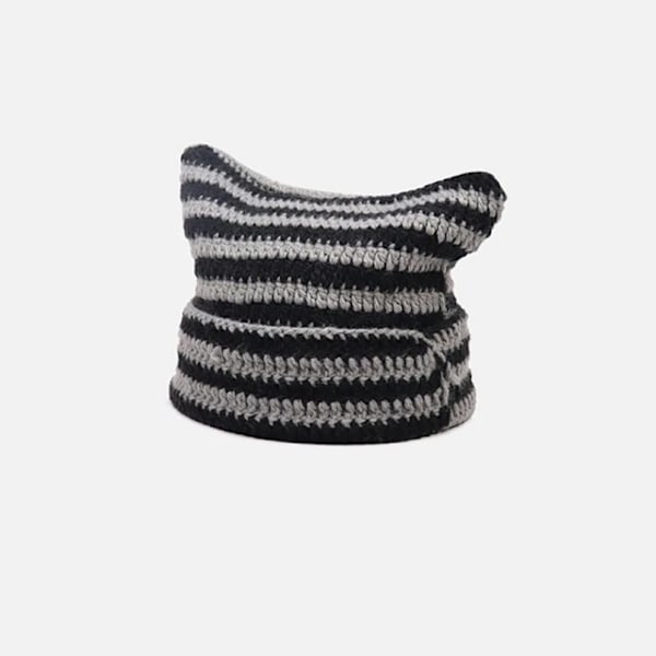 Japansk Streetwear Harajuku Beanie Hatt Liten Djävul Randig Stickad Hatt För Kvinnor Flickor Höst Vinter Söta Kattungeöron Mössa style 02- black