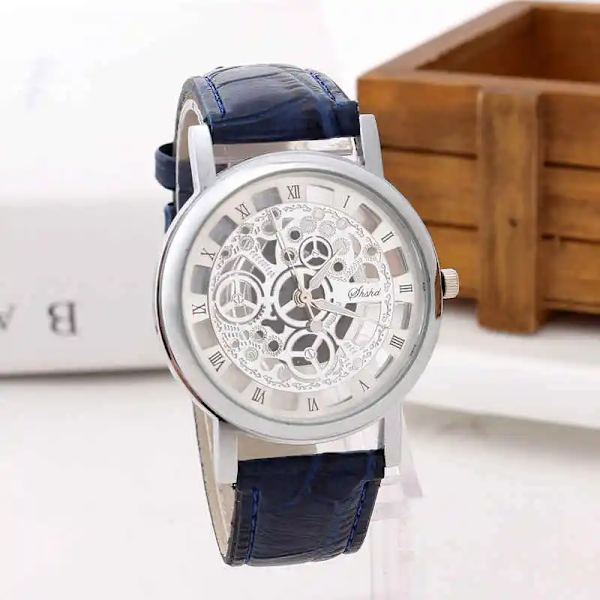 2020 Herrklockor Mode Transparent Hollow Klockor Läderband Quartz Armbandsur Kampanjpris Reloj Hombre silver blue