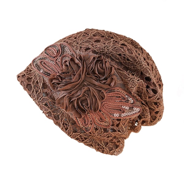 Dam Beanie Hatt med Spets för Vår & Höst - Unik Svart Hatt med Blommor - Etnisk Stil Stickad Mössa Auburn