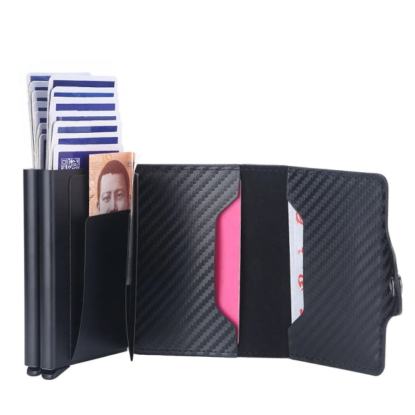 RFID blockerande dubbelbox metall kreditkortshållare för män kvinnor kolfiber läder mini plånbok herr korthållare pengar klämma blue(.2194)