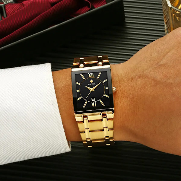 Relogio Masculino WWOOR watch herr fyrkantiga herrklockor Toppmärke Lyx gyllene kvarts rostfritt stål vattentät watch white
