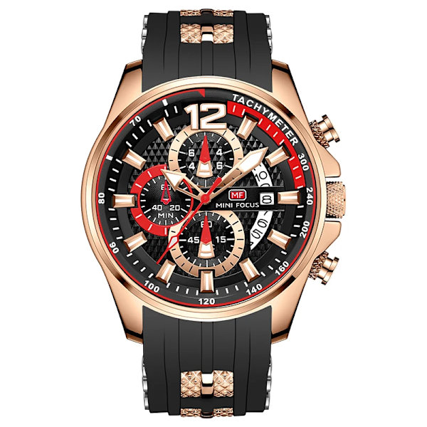 MINI FOCUS Röd watch för män Mode Lyx Chronograph Quartz Armbandsur med silikonband Lysande visare Datum Vattentät 0350 0350Rose black