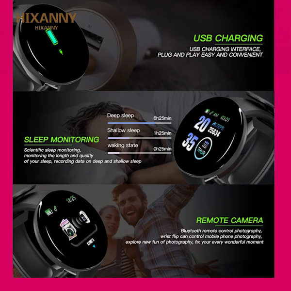 Män Klockor Blodtryck Rund Smart watch Dam Vattentät Sport Puls Fitness Tracker Klockor för Android IOS Telefon D20 Red