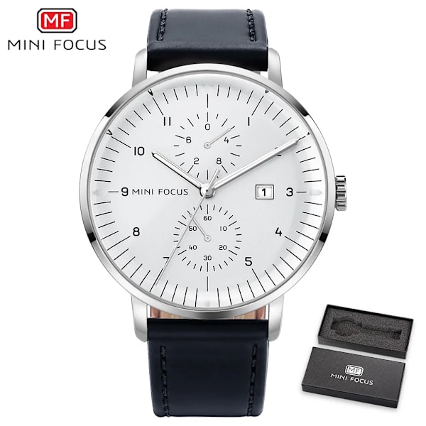 MINI FOCUS Mode Herrklockor Toppmärke Lyx Quartz Watch Date Window Armbandsur Brun Äkta läderrem reloj hombre BO SILVER WHITE