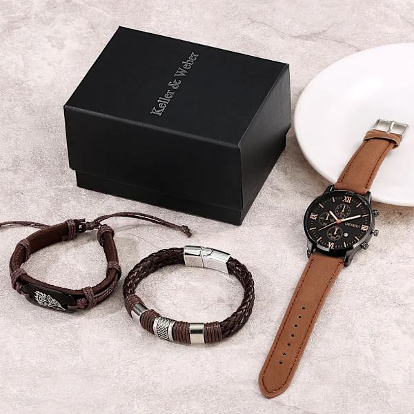 Mode Casual Quartz Watch för män Brunt läder Wolf Flätad watch Armband Gfit Set för män Pojkvän Regalos Para Hombre Watch-Bracelet 01