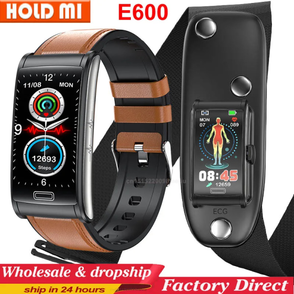 E600 EKG Smart Watch Herr Icke-invasiv Blodsocker Puls Blodtrycksmätare Sportsteg Smartwatch Dam Android black leather