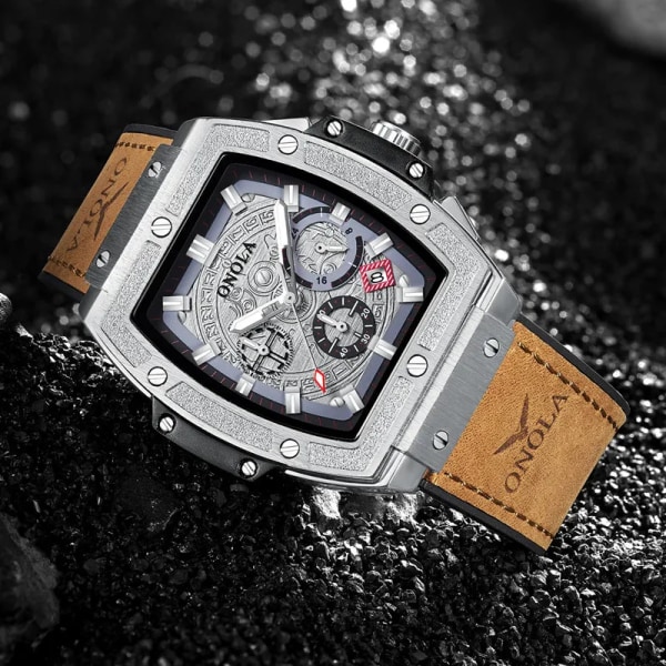 ONOLA tonneau fyrkantig stor kvarts watch man lysande kronograf armbandsur mode casual stil lyx man watch relogio masculino 6825B Silver red