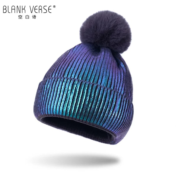Cross Border Ny Hotprägling Förälder-Barnhatt Vinterboll Stickad Hatt Dam Pullover Hatt 01Peacock blue S 54-56cm