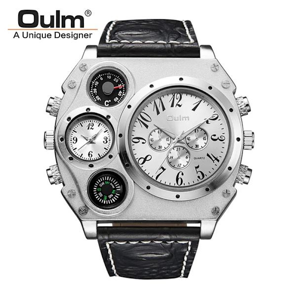 OULM Watch Herr Kvarts Sport Läderarmband Klockor Big Dial Military Armbandsur Herrklocka Kompass Dekoration reloj hombre 2022 C1(With box)