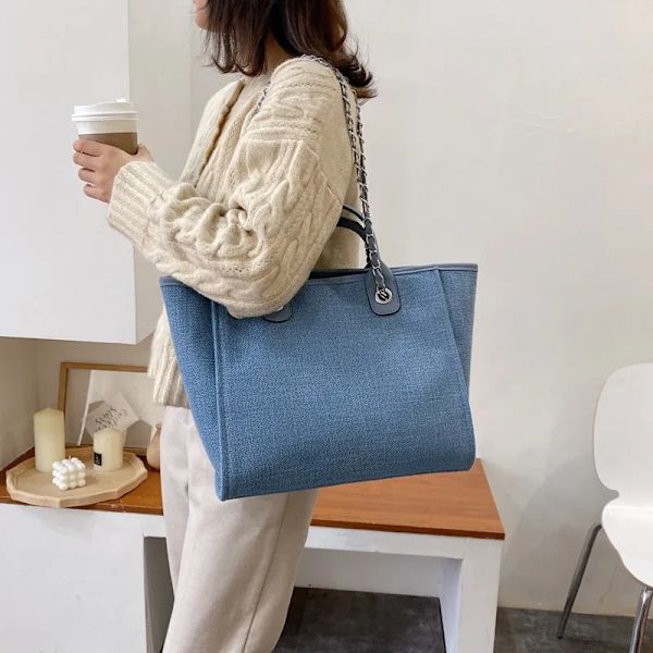 Dam Kedja Tygväska Designer Kvinnlig Axelväskor Casual Strand Canvas Fritid Handväskor Damväska Trend Medium Beige