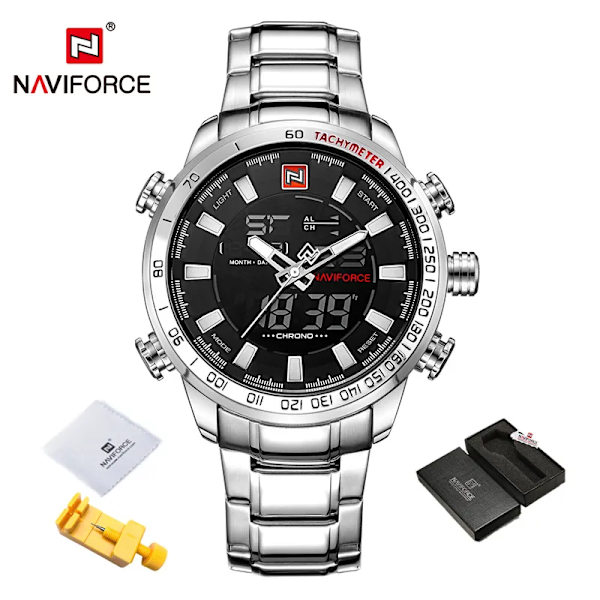 Herrklockor Lyxmode Watch NAVIFORCE Märke Herr Quartz Analog Digital klocka Man Vattentäta klockor i rostfritt stål SBW-BOX