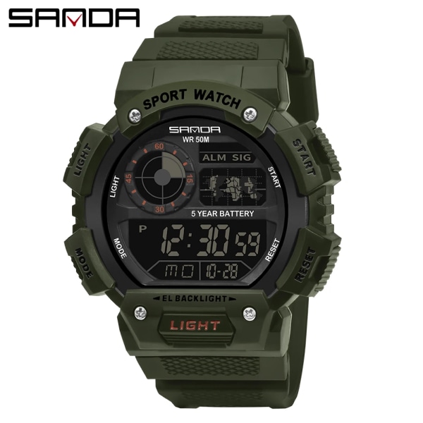 Mode Sanda Toppmärke Herr 50m Vattentät Digital Watch Herr Kronograf Sport Herr Simarmbandsur G Style Klockor Klocka Green