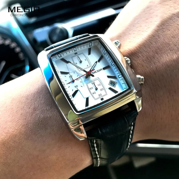 MEGIR nya casual märke klockor män hett mode sport armbandsur man kronograf läder watch för manlig lysande kalender timme Black