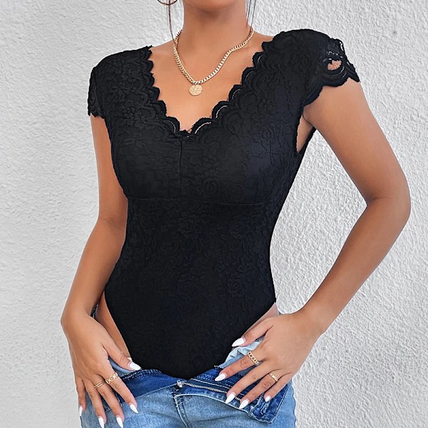 Sommar Sexig Body Shapewear Dam Djup V Långärmad Kortärmad Sexig Slim Fit Stretchy Casual Daily T-shirts Bodysuit Toppar White XS