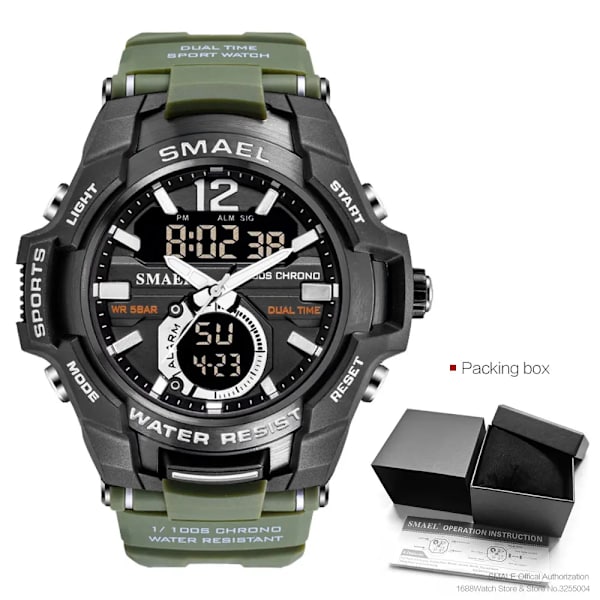 SMAEL Dual Time Army Watch för män Lysande Vattentät Quart Digital Armbandsur Väckarklocka LED Bakgrundsbelysning Kalender 1805 Green-Box