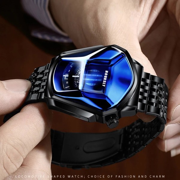 Mode Cool Locomotive Herrklockor Toppmärke Lyx Kvartsguld Armbandsur Herr Vattentät Geometrisk Form Relogio Masculino black blue box