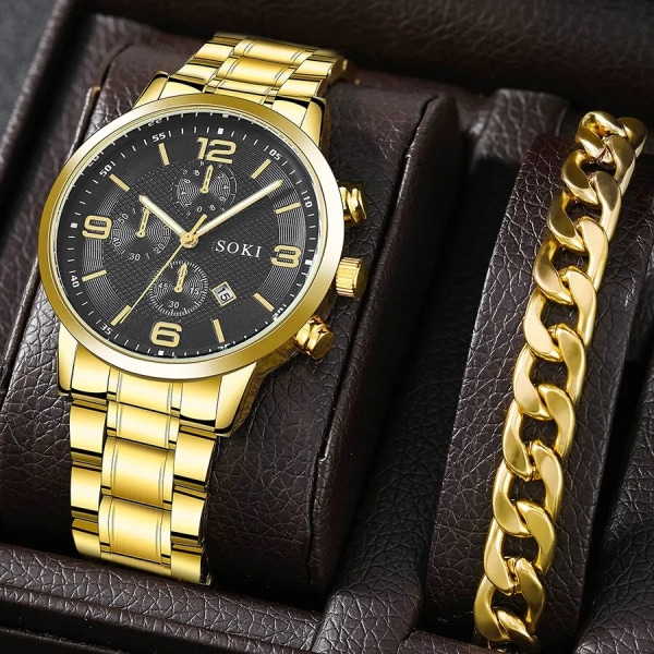 1st Män Business Mode Casual Rund Pointer Calendar Quartz Klockor 1st Armband Gold