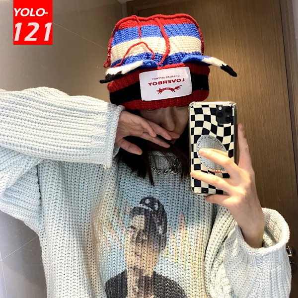 Loverboy Kattöron Stickad Hatt Dubbellager Varm Grisöron Hatt Söt Mode Huva Niche Design Hip-Hop Personlighet Kalla Hatt P44red rabbit M 56-58cm