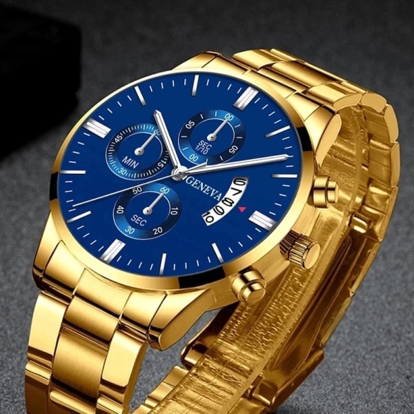 Mode Herr Sportklockor Lyx Herr Rostfritt stål Quartz Watch för Man Business Casual Watch Leather Black Gold