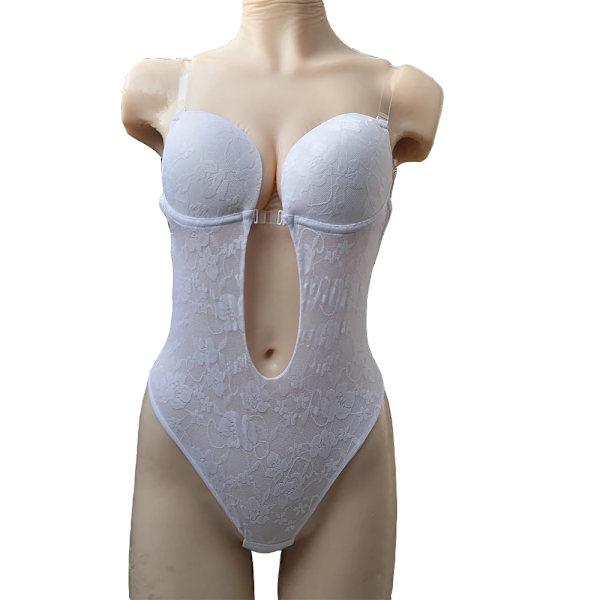 2020 Woman Deep V Bodysuit Clear Strap Rygglös BH Push Up Vadderad BH Body Shaper Suit Cabriolet Sömlös Låg Rygg White 36(L)