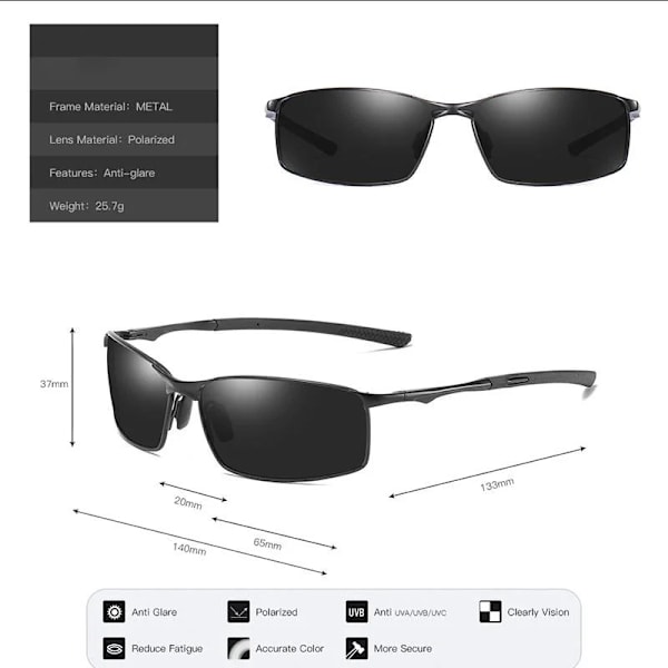 BOOROOT Polarized Solglasögon Män Dam Legering Solglasögon Modedesign UV400 Outdoor Driving Spegel Solglasögon Black Frame-Silve Zipper Glasses Case