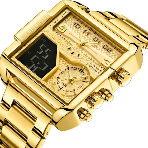 BOAMIGO Toppmärke Lyxmode Herrklockor Guld Stål Sport Fyrkantig Digital Analog Big Quartz Watch for Man relogio masculino black pi(.103)
