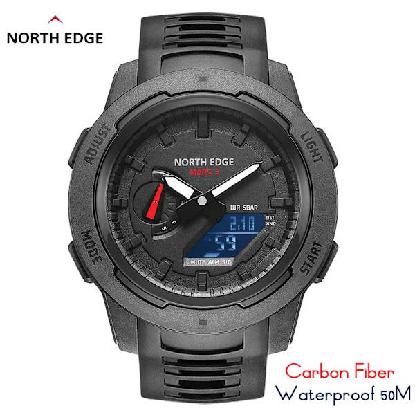 NORTH EDGE Mars 3 Watch för män Digitalt case för man Vattentät 50M sportklockor World Time LED-armbandsur Black