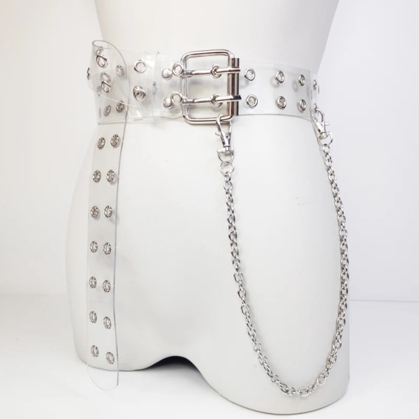 Kvinnor Bälte PU Läder Pin Spänne Punk Wind Jeans Ny stil mode Kvinna Svart Fri storlek Grommet Bälten för byxor 152 PVC with chain Free Size