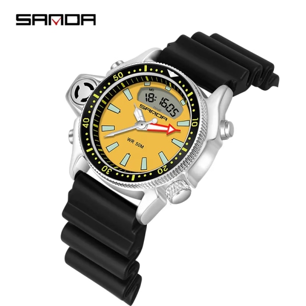 SANDA Sport Män Quartz Digital Watch Creative Dyk Watches Herr Vattentät Alarm Watch Dual Display Klocka Relogio Masculino Black yellow