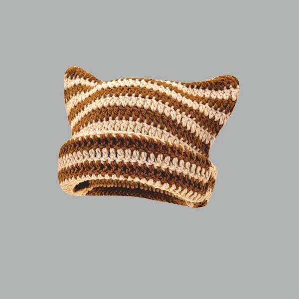 Ny Japansk Beaniehatt Ins Liten Djävul Randig Stickad Mössa Höst Och Vinter Söta Kattungeöron Spetsig Tröja Dammössor Pink Coffee