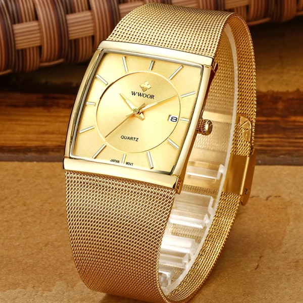 WWOOR Luxury Gold Watch Herr fyrkantig Japan Quartz Slim Steel Mesh Vattentät Sport Automatisk Date Armbandsur Relogio Masculino silver white box