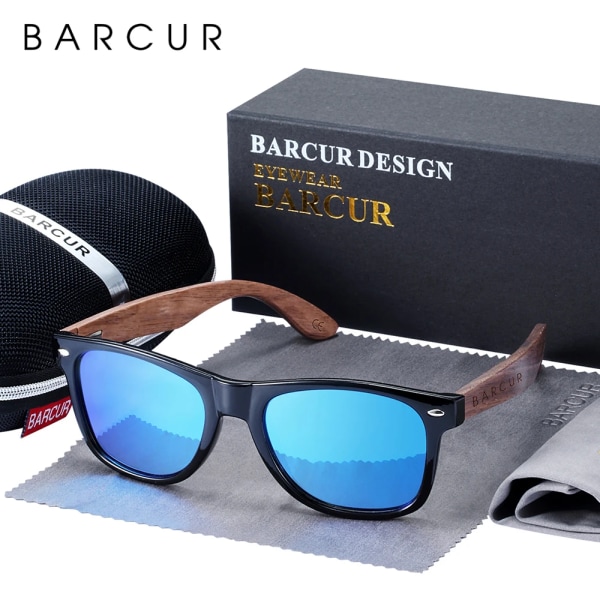 BARCUR Black Walnut Solglasögon Trä Polariserade Solglasögon Herr Glasögon Herr UV400 Skyddsglasögon Original Träkartong Blue zipper box BARCUR Polarized