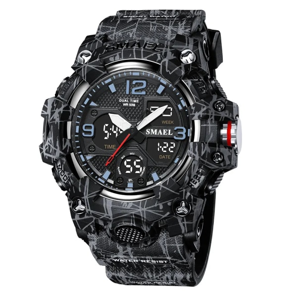 SMAEL Dual Time Watch för män Mode Vattentät Quart Digital Armbandsur Väckarklocka LED Bakgrundsbelysning Kalenderklockor 8008 Camo Black