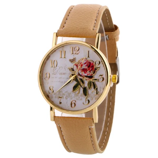 orologio donna Nyankomst Rose Mönster Klockor För Kvinnor Hot Läder Armbandsur Present Mode Casual Studenter Watch brown
