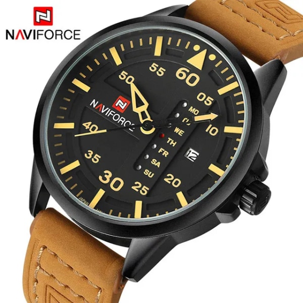 NAVIFORCE Lyxmärke Herr Army Militärklockor Herr Quartz Dateklocka Man Läderarmband Watch Relogio Masculino Black Yellow