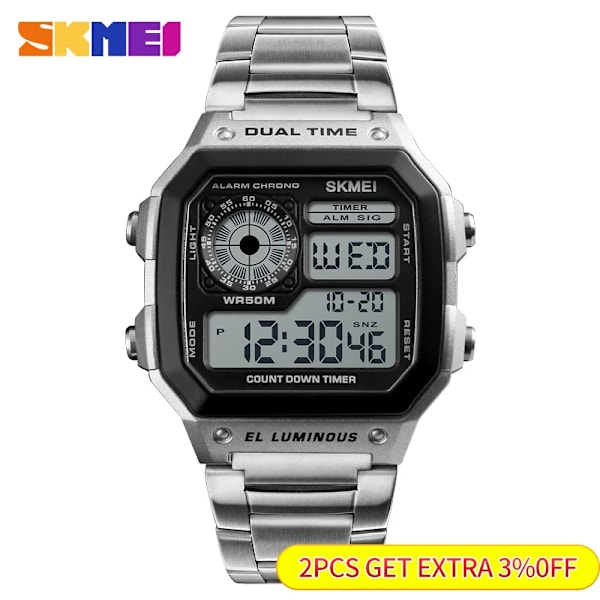 SKMEI 1335 band i rostfritt stål Digital watch reloj hombre Watch Herr 5Bar vattentäta klockor Black