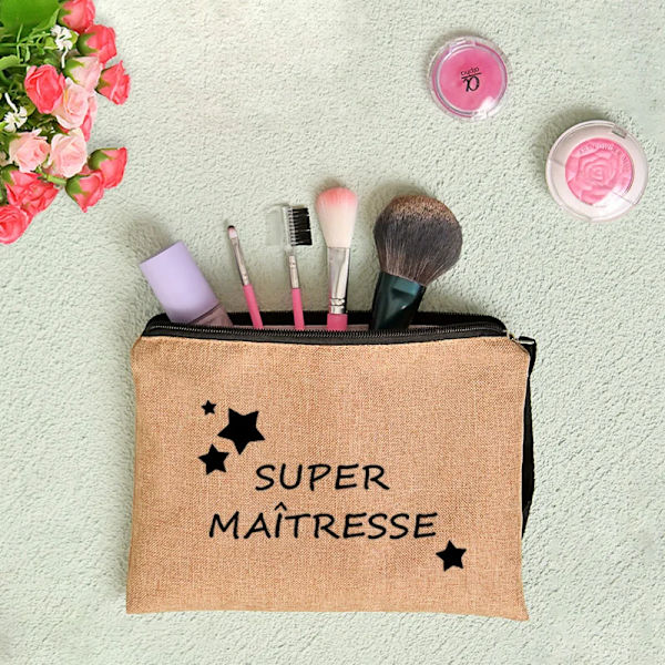 Sminkväska för kvinnor Kosmetisk väska Teacher Pouch Merci Ma&#238;tresse Lärare förvaringsväska Kosmetisk handväska Dragkedja Presentpåse till lärare C 003 (Linen)
